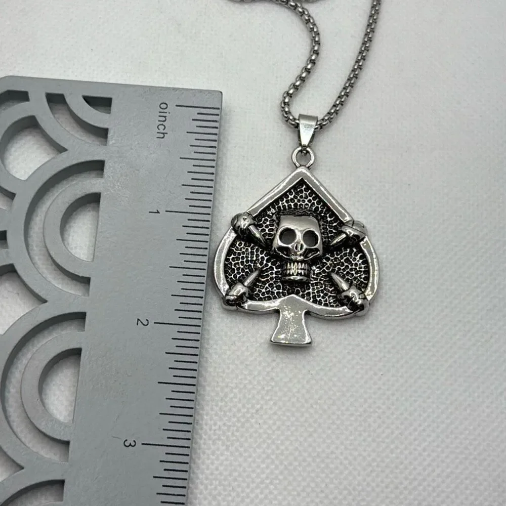 Titanium plated Skull Spade Pendant Necklace 23” Gothic Biker Punk